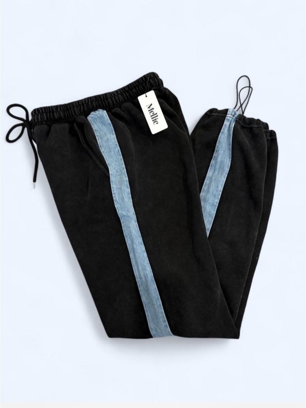 Mellie Black Cotton Sweatpants w Denim Stripe Drawstring Jogger NWT